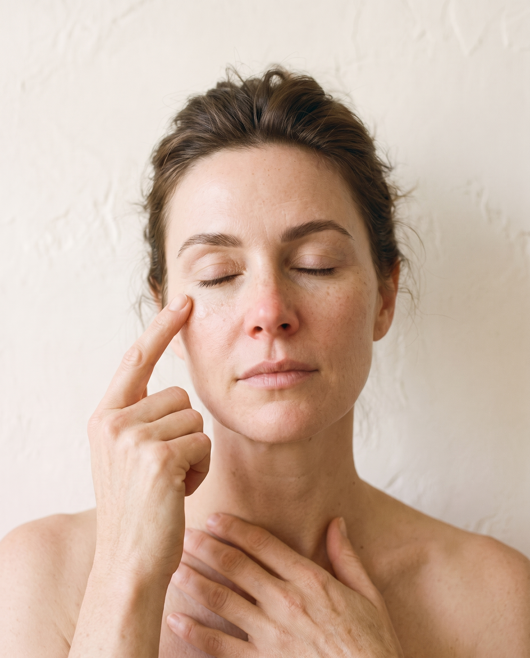 Tapping eye serum in with the ring finger