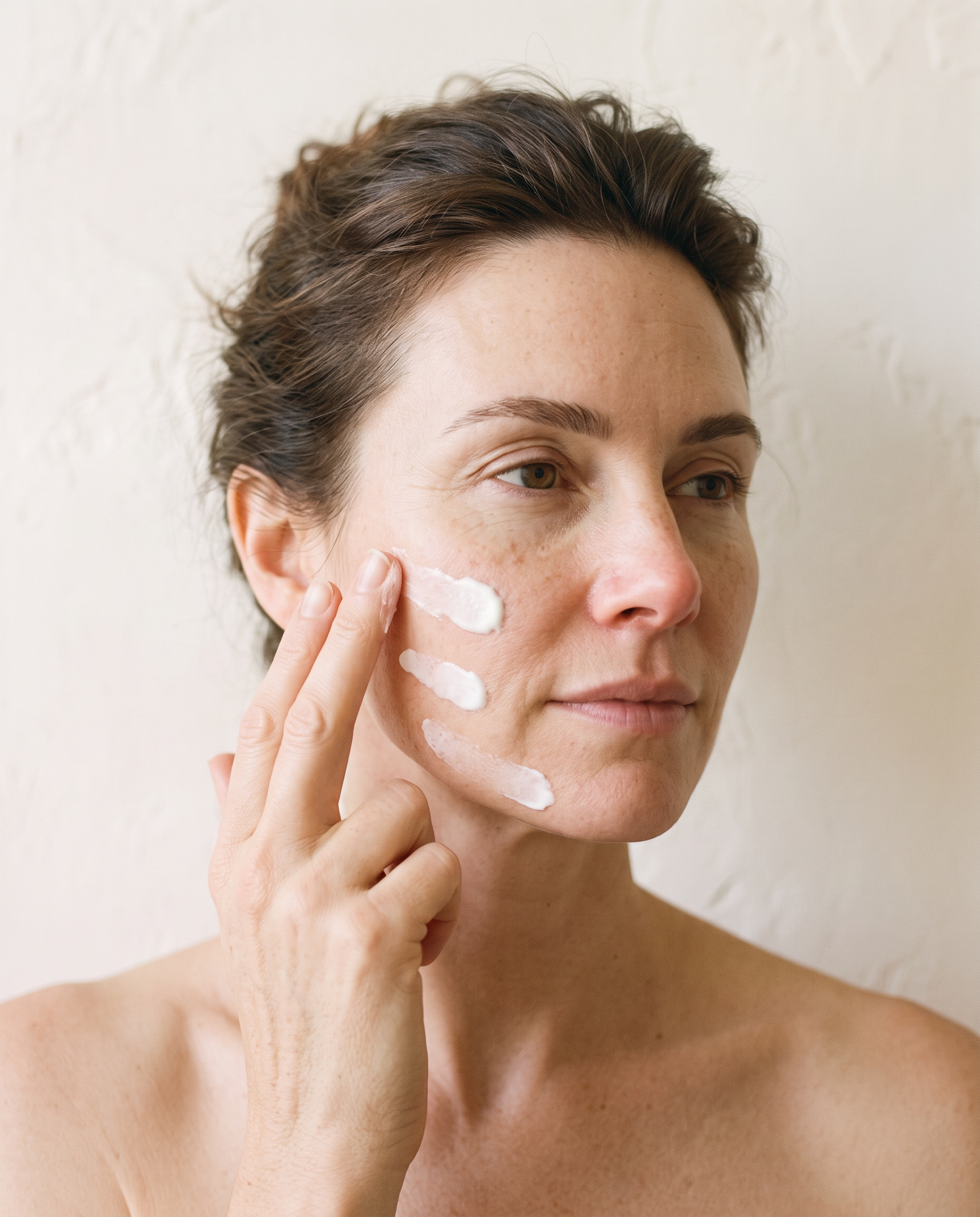 Cream dotted along the cheekbone