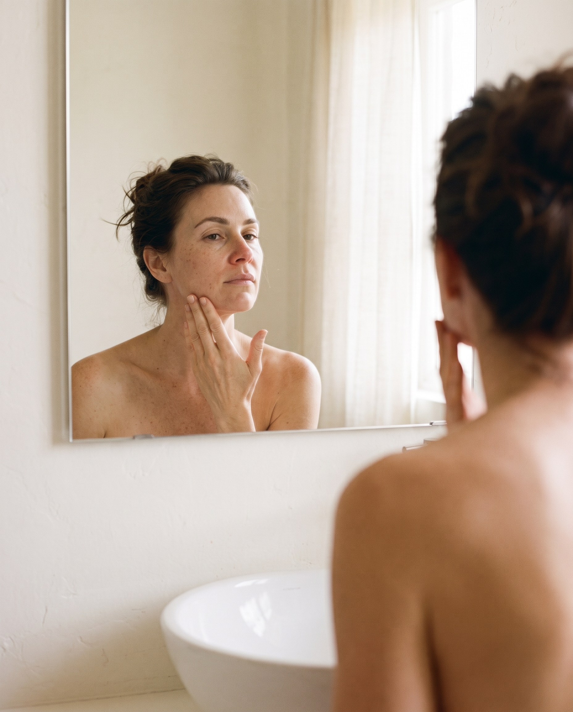 Applying serum at the bathroom mirror