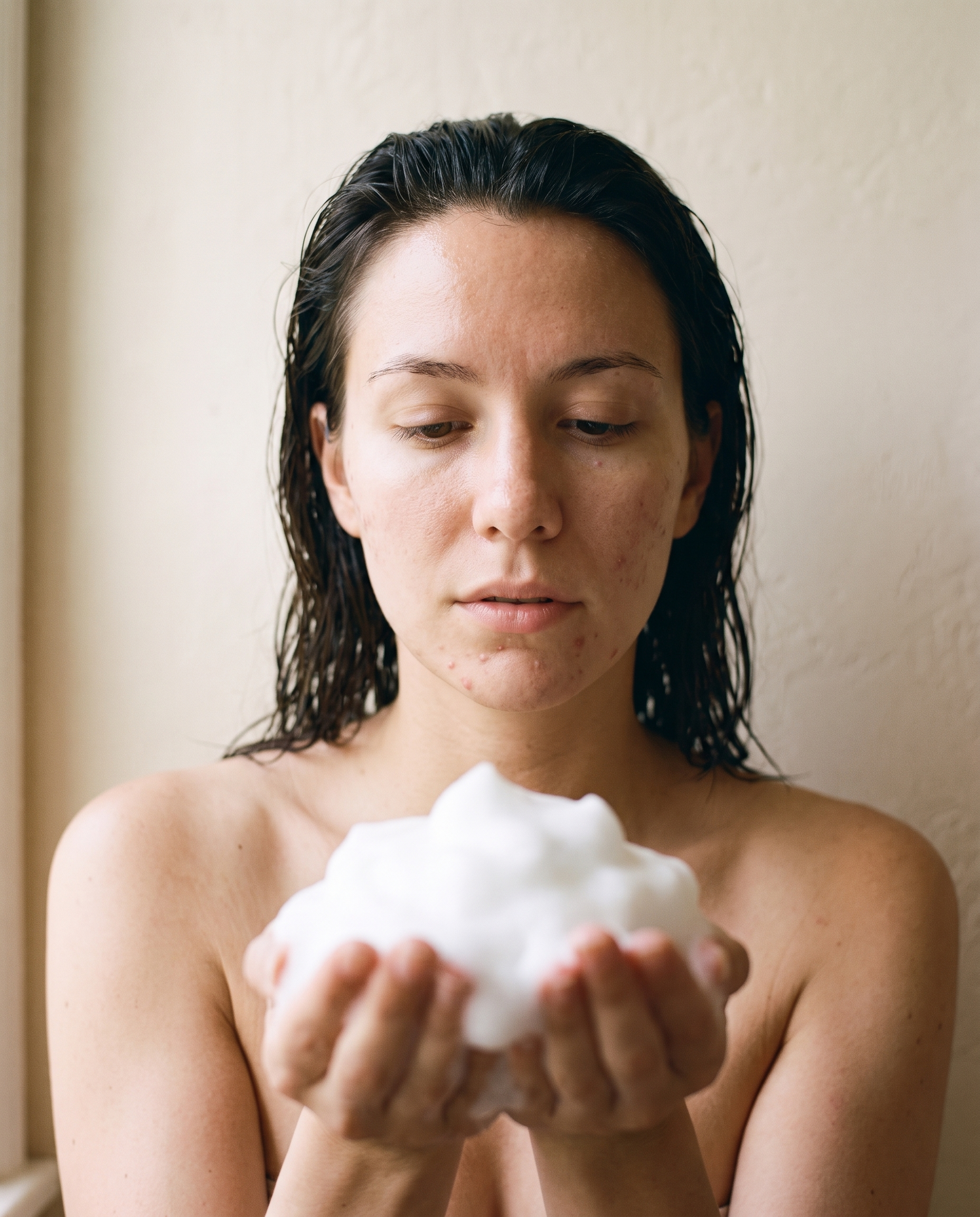 Cleansing foam in cupped hands