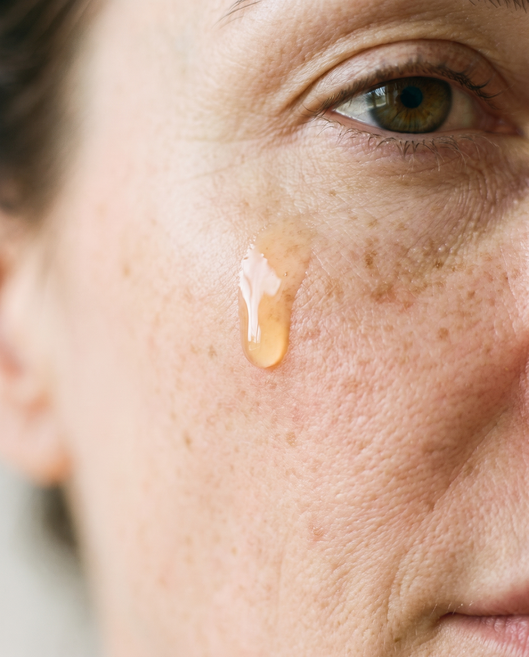A drop of serum on the cheekbone